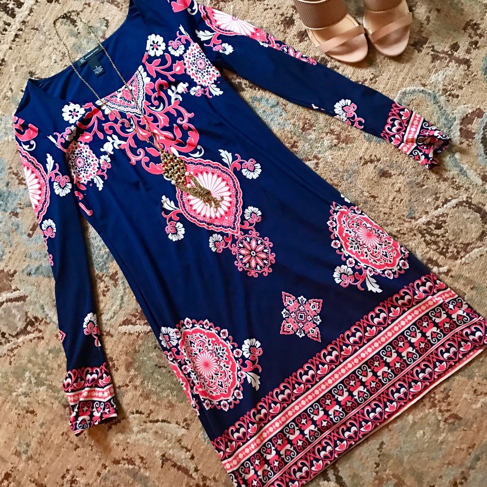 INC International Concepts Long Sleeve Dress - Navy and Pink